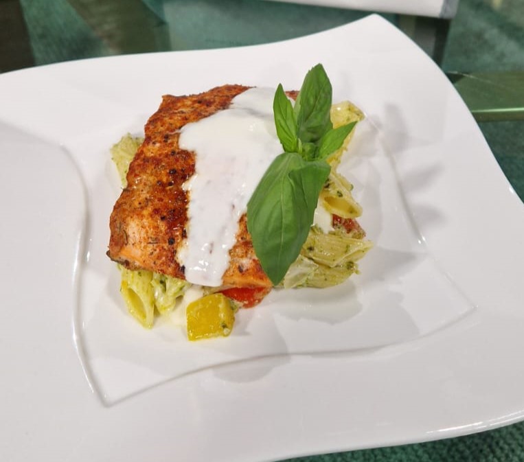Penne Pasta Salad with Roasted Mediterranean Vegetables & Cajun Salmon